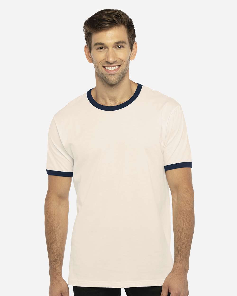 Custom Ringer T-Shirt (Next Level 3604) - Natural/ Midnight Navy (on model)