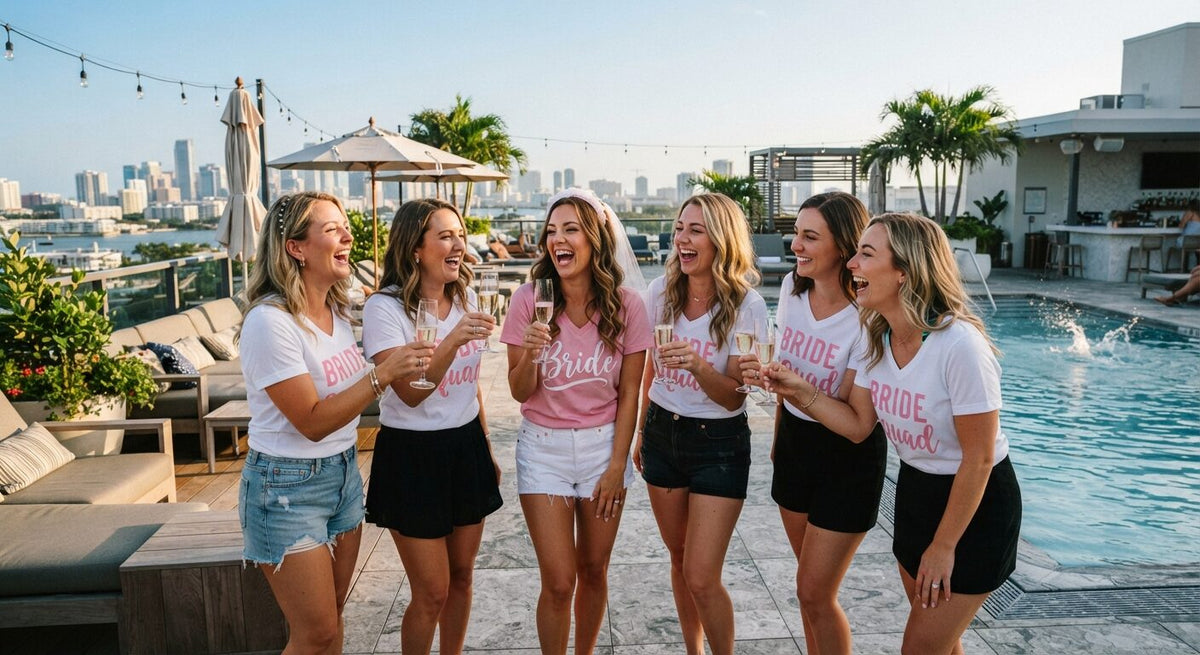 Bride and her bridesmaids toasting on a rooftop in matching Bride Squad shirts