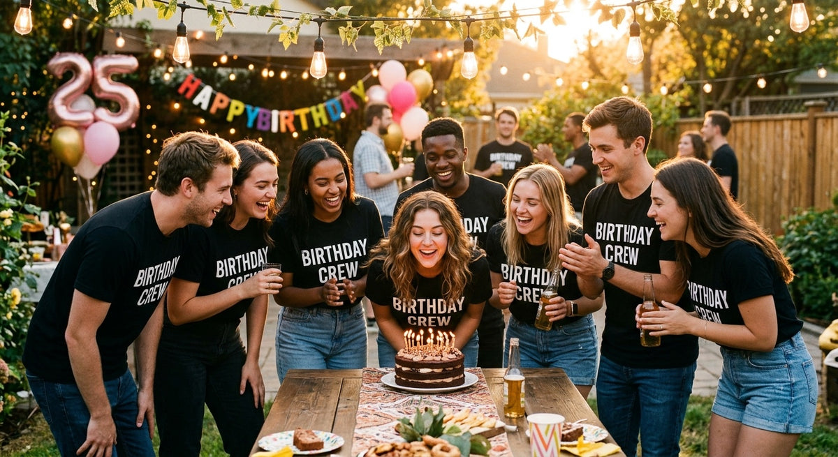 Friends around a birthday cake in matching Birthday Crew shirts