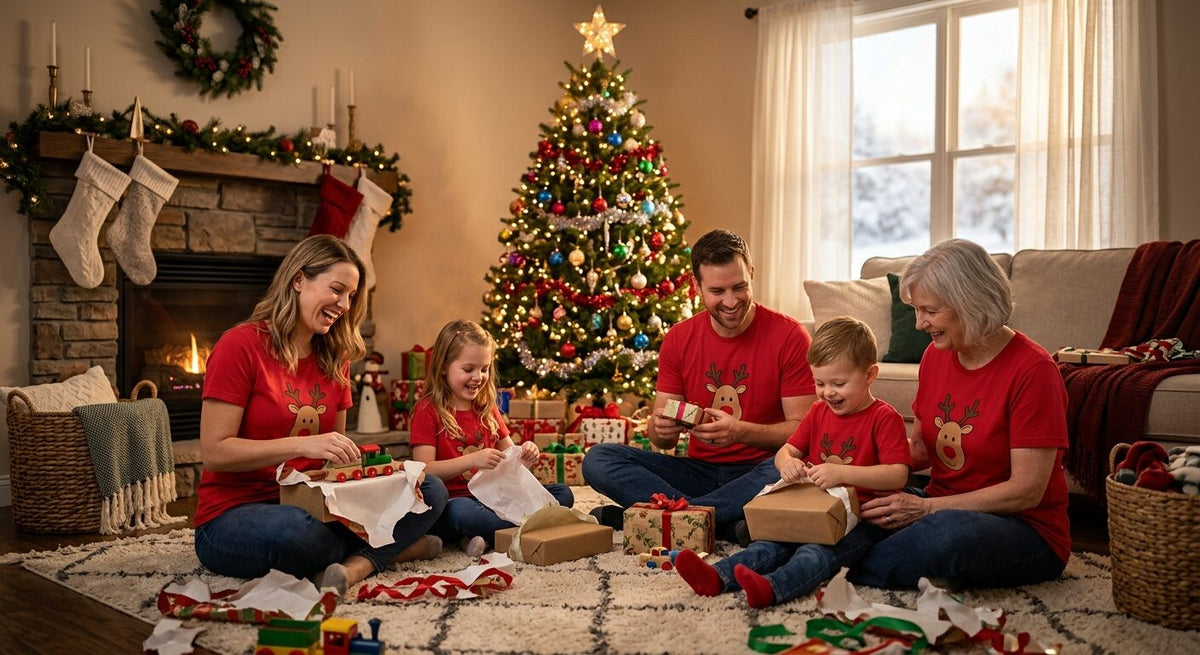 Family opening gifts by the Christmas tree in matching reindeer shirts