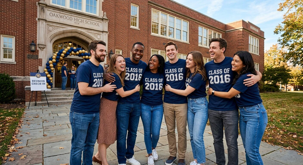 Classmates hugging outside their high school in matching Class of 2016 reunion shirts