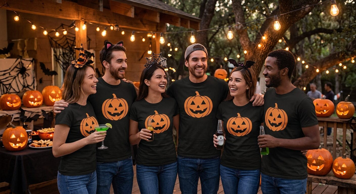 Friends at a Halloween party in matching pumpkin shirts
