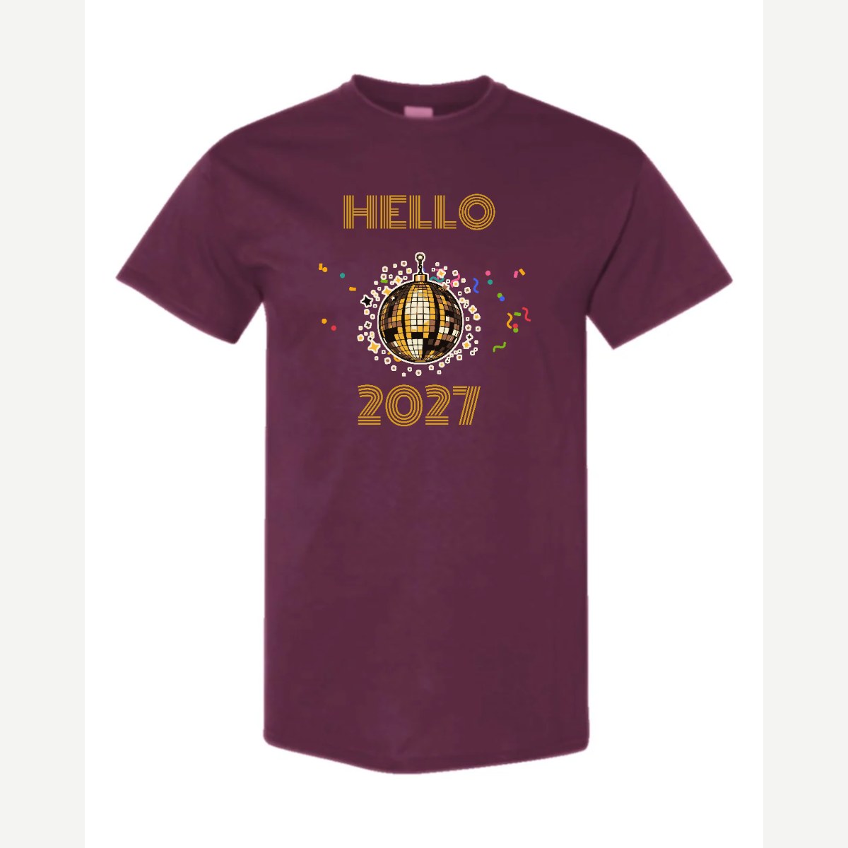 Hello New Year Disco Ball — Classic Tee / Maroon