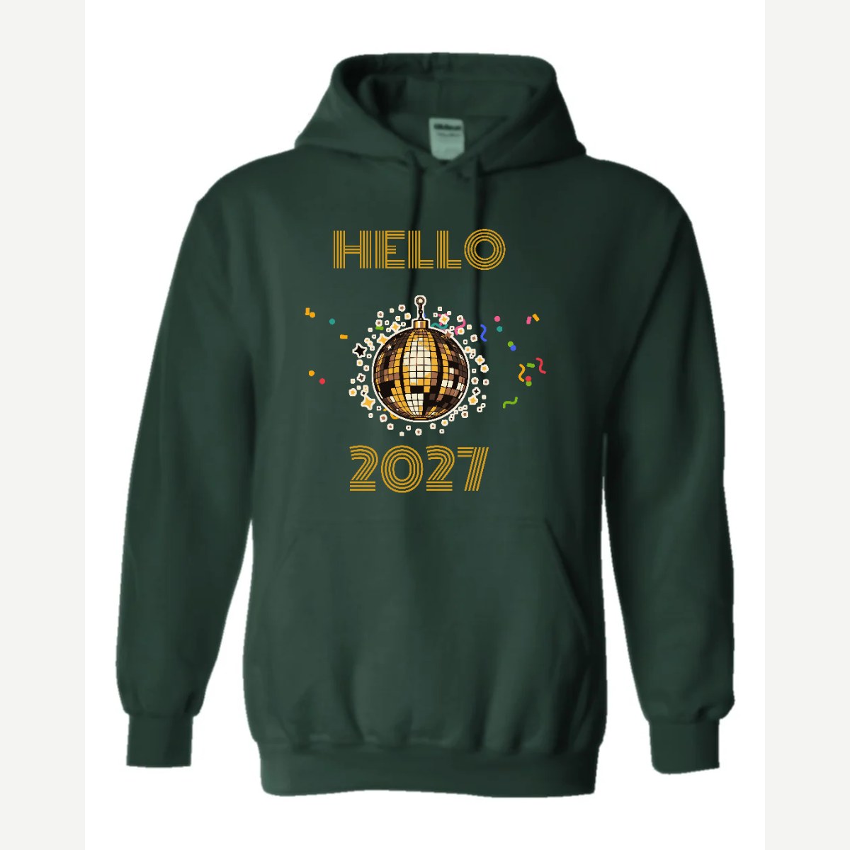 Hello New Year Disco Ball — Hoodie / Forest Green