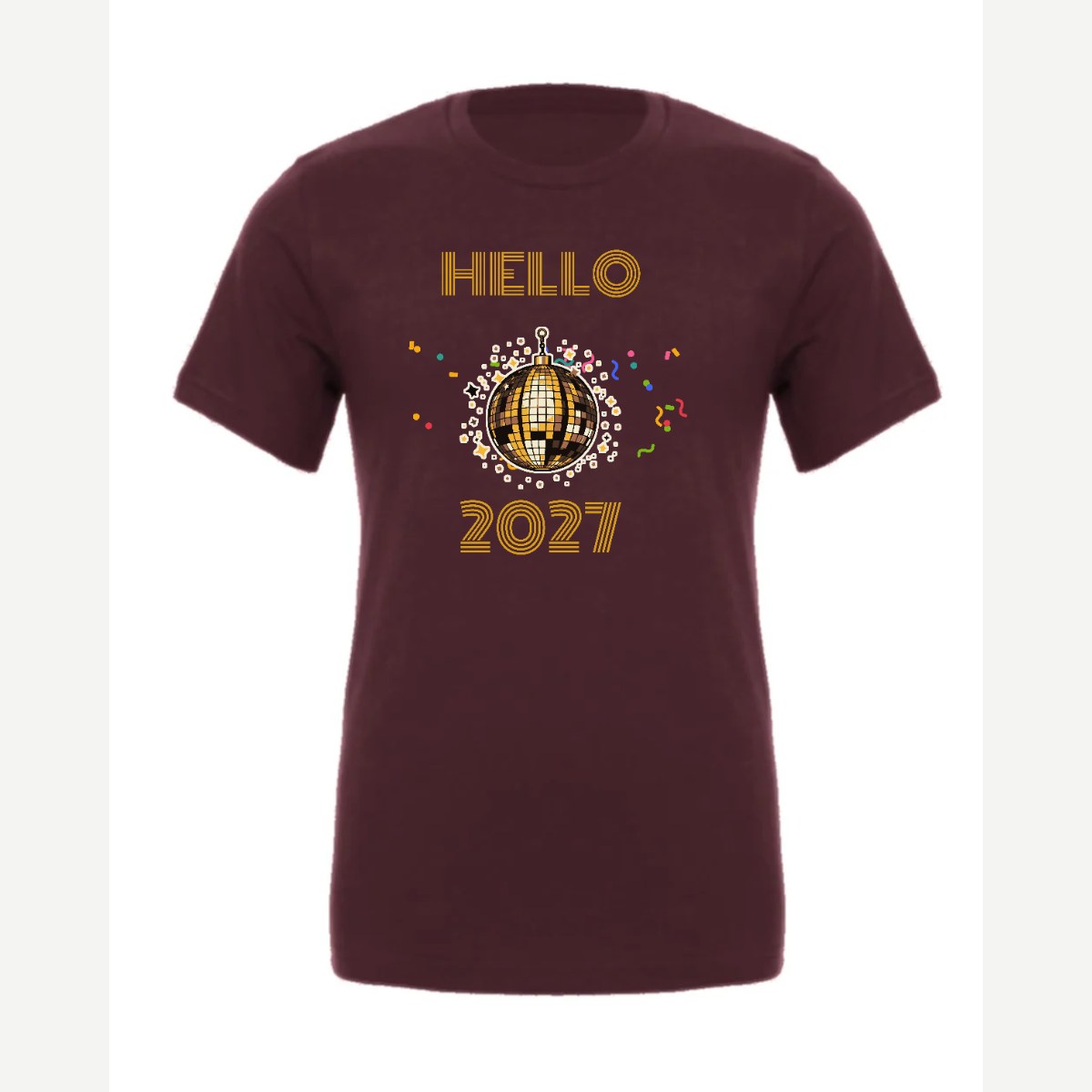Hello New Year Disco Ball — Premium Tee / Maroon