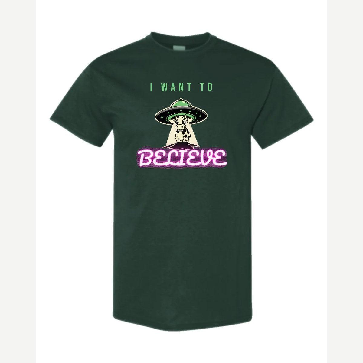 I Want to Believe (UFO Cow) — Classic Tee / Forest Green
