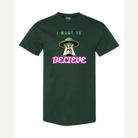 I Want to Believe (UFO Cow) — Classic Tee / Forest Green
