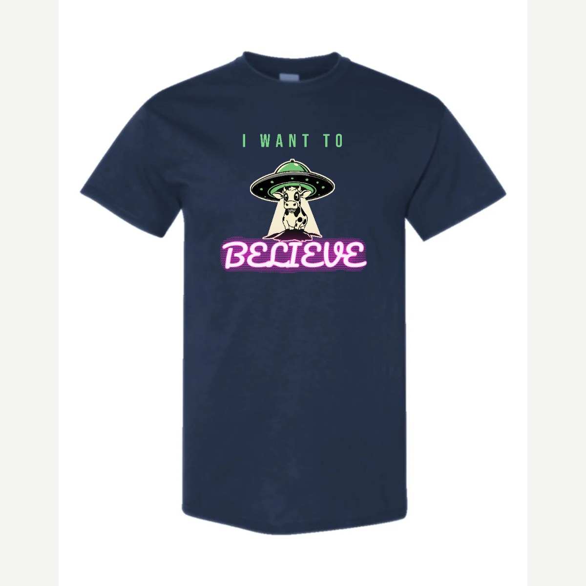 I Want to Believe (UFO Cow) — Classic Tee / Navy