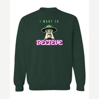 I Want to Believe (UFO Cow) — Crewneck Sweatshirt / Forest Green