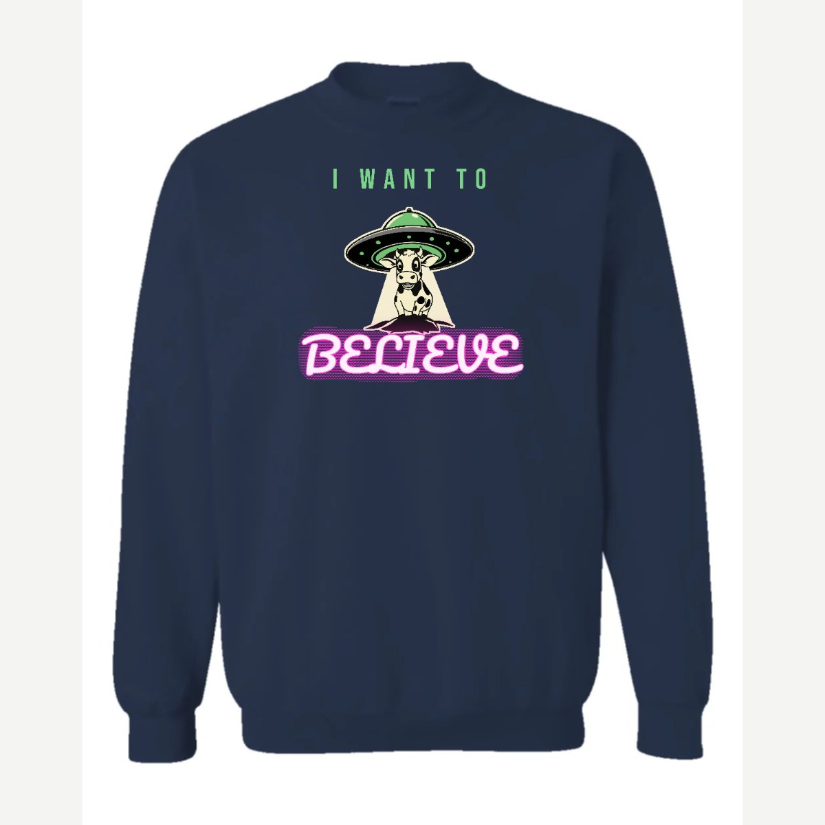 I Want to Believe (UFO Cow) — Crewneck Sweatshirt / Navy
