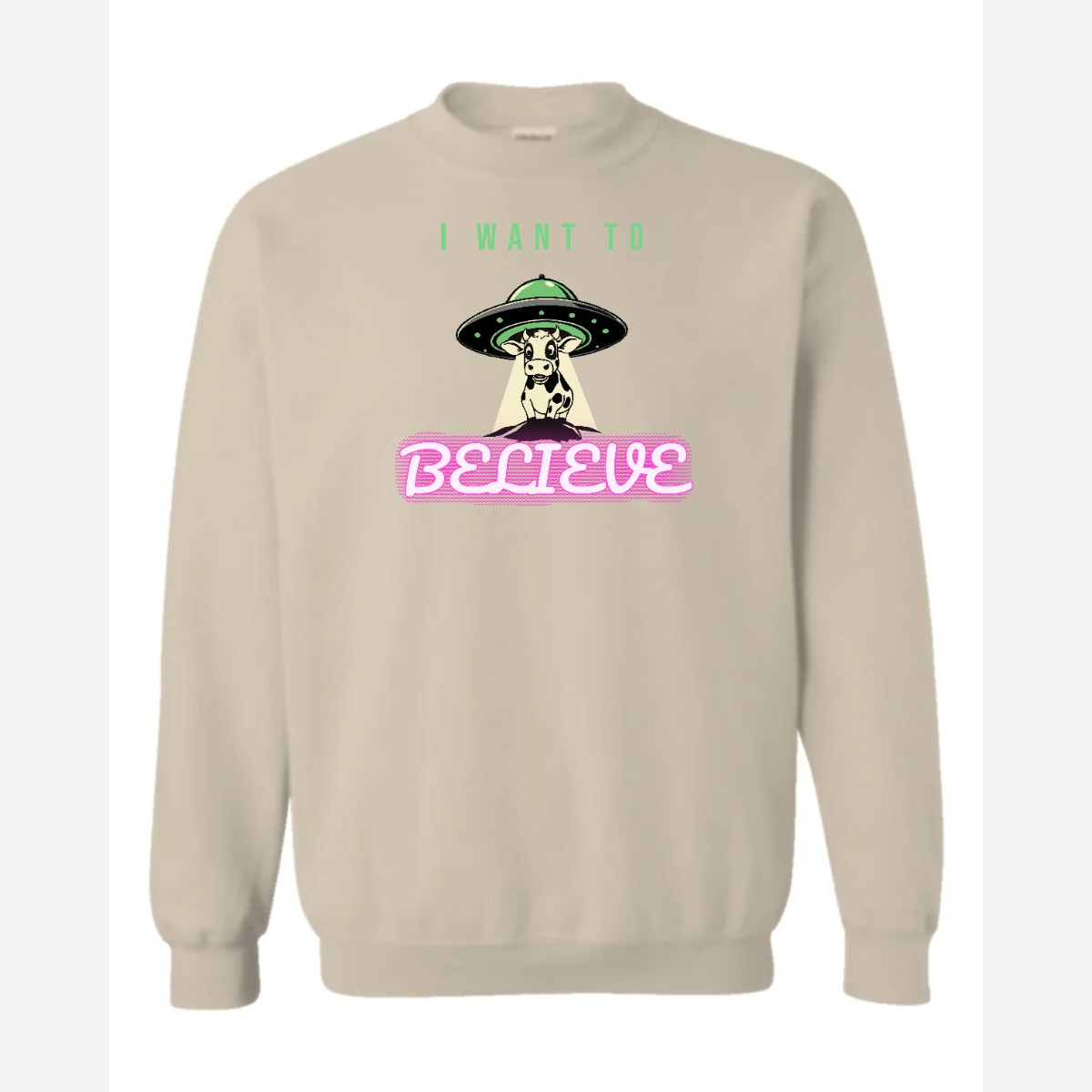 I Want to Believe (UFO Cow) — Crewneck Sweatshirt / Sand