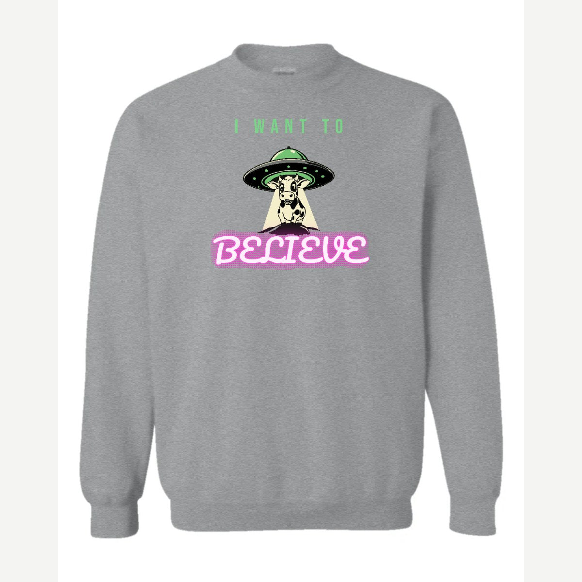I Want to Believe (UFO Cow) — Crewneck Sweatshirt / Sport Grey
