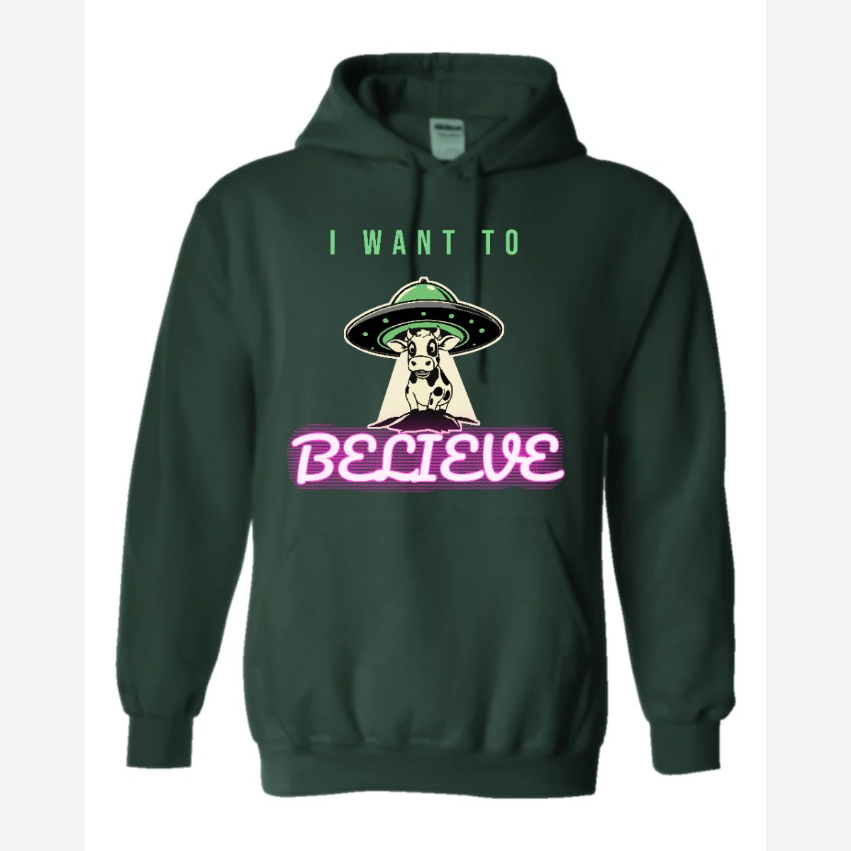 I Want to Believe (UFO Cow) — Hoodie / Forest Green