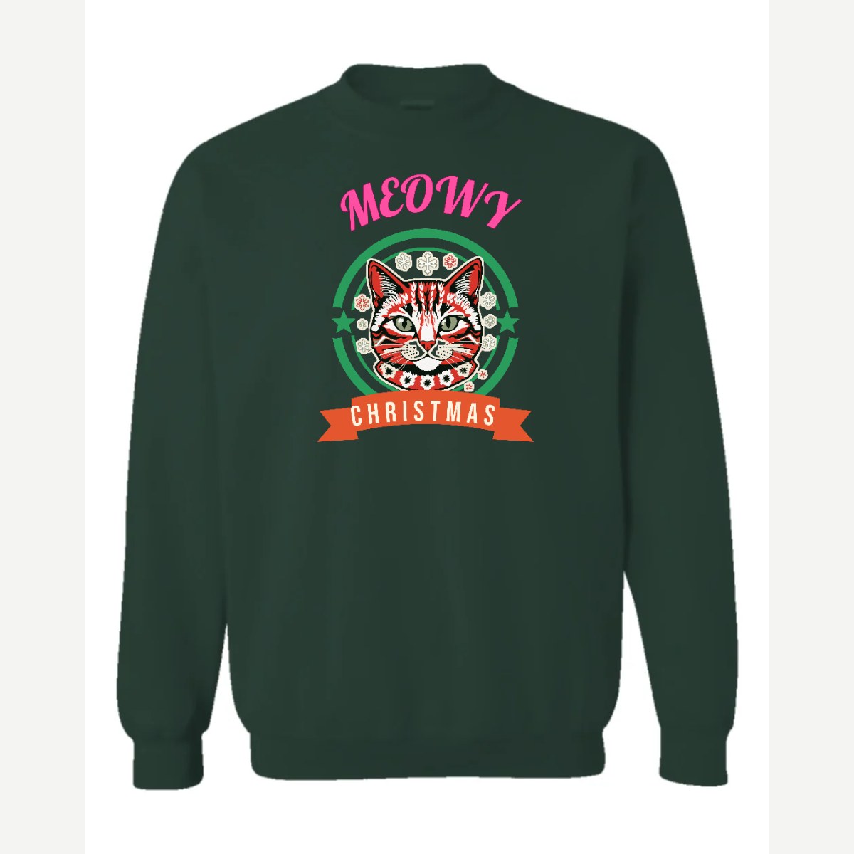 Meowy Christmas — Crewneck Sweatshirt / Forest Green