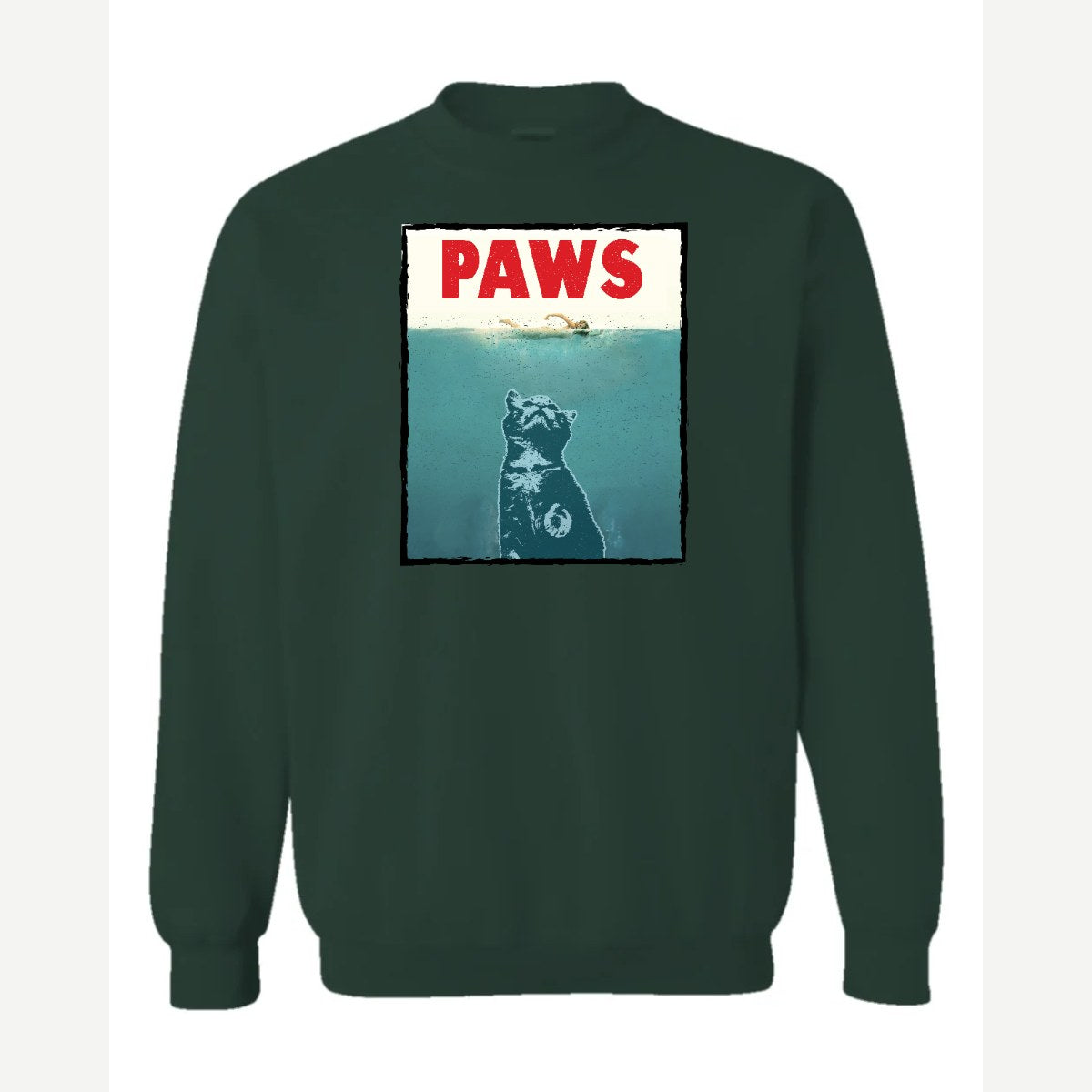 PAWS (Cat Movie Poster Parody) — Crewneck Sweatshirt / Forest Green
