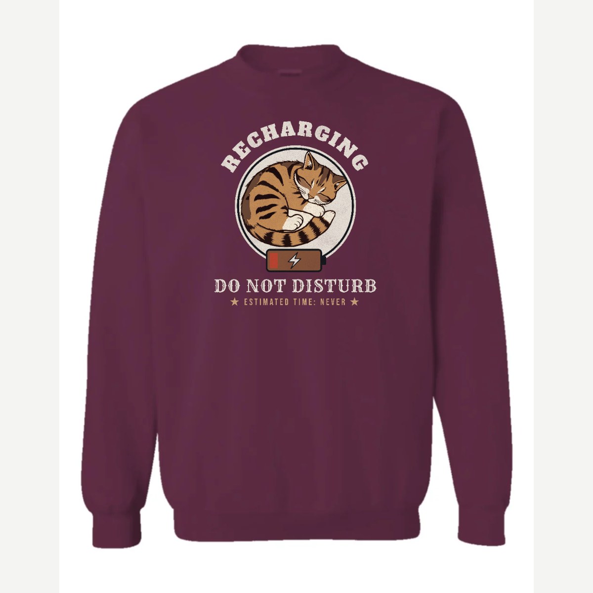 Recharging Do Not Disturb Cat — Crewneck Sweatshirt / Maroon