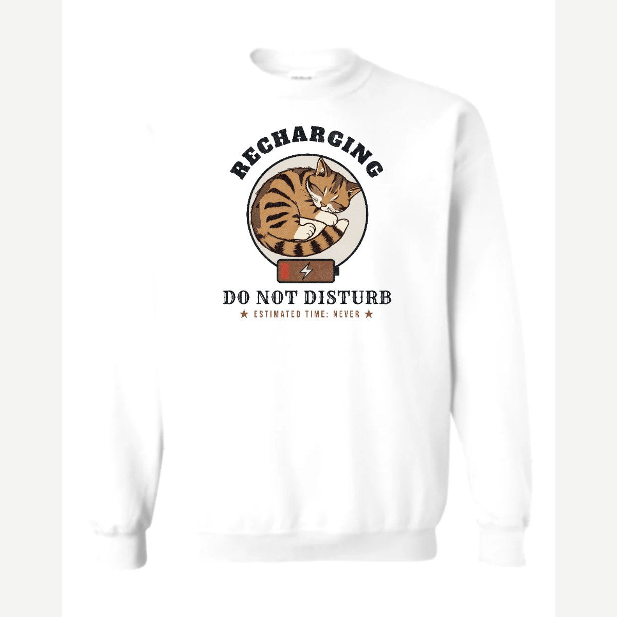 Recharging Do Not Disturb Cat — Crewneck Sweatshirt / White
