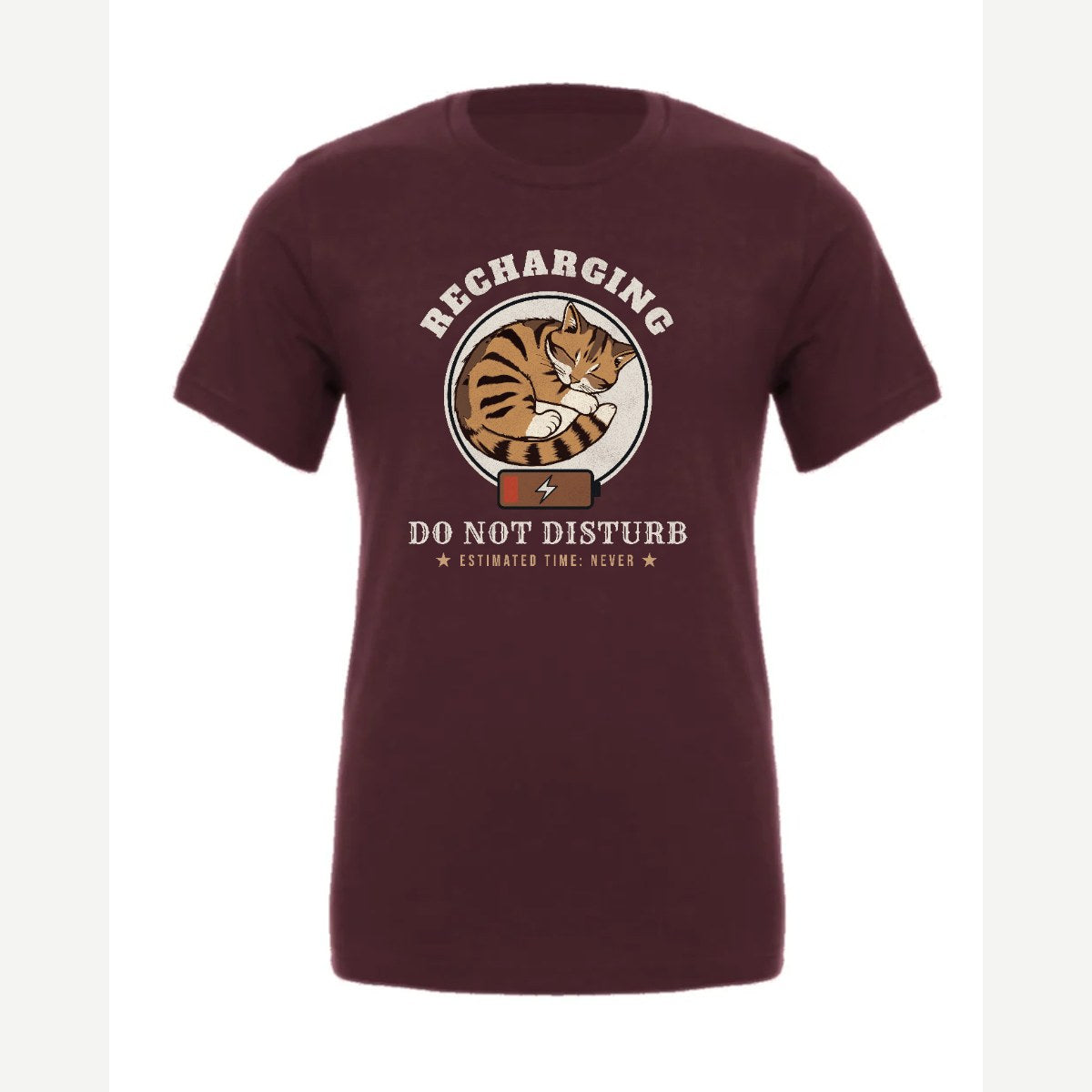 Recharging Do Not Disturb Cat — Premium Tee / Maroon