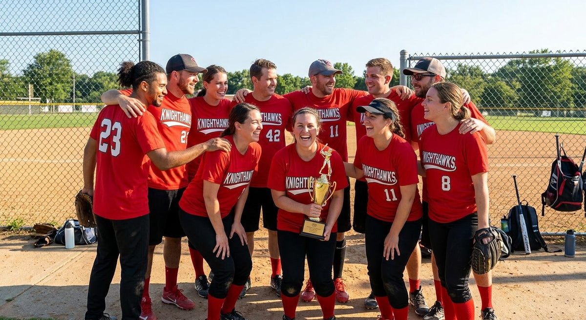 Rec softball team celebrating with a trophy in matching red team shirts