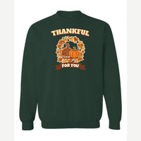Thankful for You (Turkey & Pumpkin) — Crewneck Sweatshirt / Forest Green