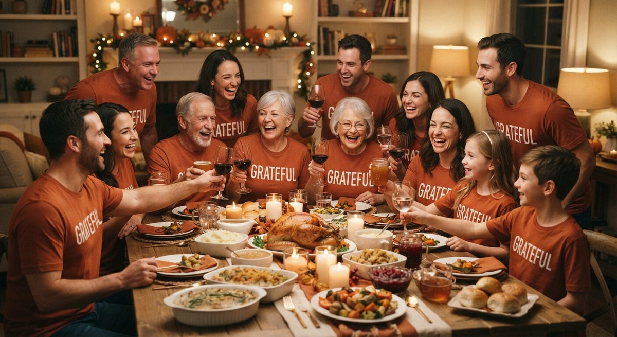 Family toasting at Thanksgiving dinner in matching Grateful shirts
