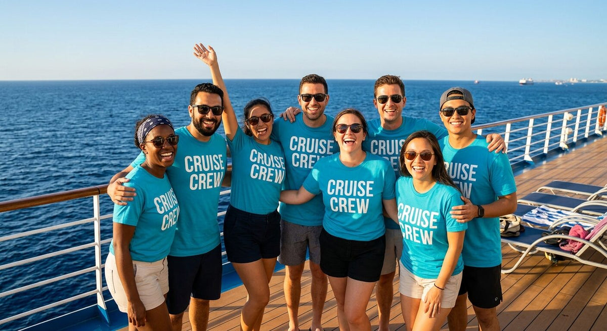 Friends on a cruise ship deck in matching Cruise Crew shirts